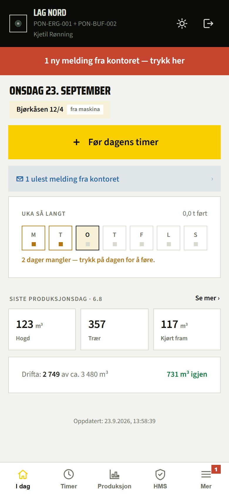 Feltappen på mobil: dagens drift, knapp for å føre timer, uka så langt og siste produksjonsdag